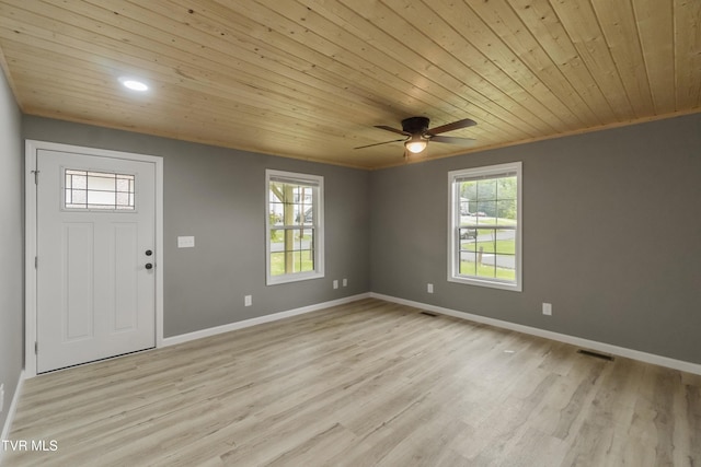 foyer entrance featuring wooden ceiling, ceiling fan, baseboards, and light wood-type flooring