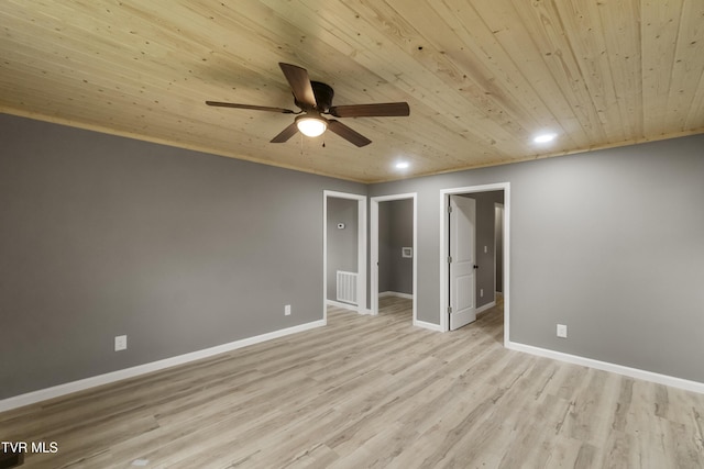 spare room with wood ceiling, a ceiling fan, visible vents, recessed lighting, and light wood-style flooring