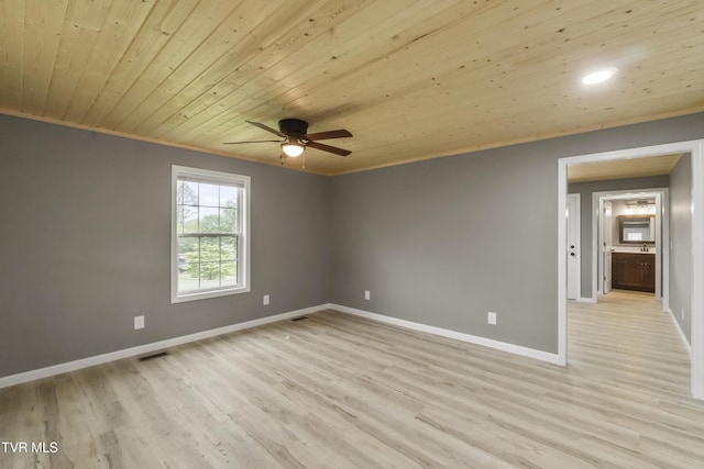 spare room with wood ceiling, ceiling fan, visible vents, baseboards, and ornamental molding