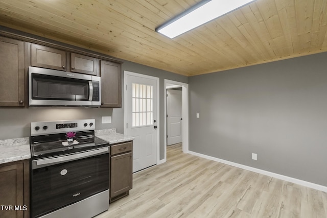 kitchen featuring light wood-type flooring, baseboards, appliances with stainless steel finishes, and dark brown cabinetry