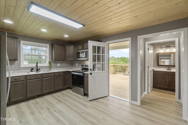 kitchen with a sink, wooden ceiling, light wood-style floors, and stainless steel appliances