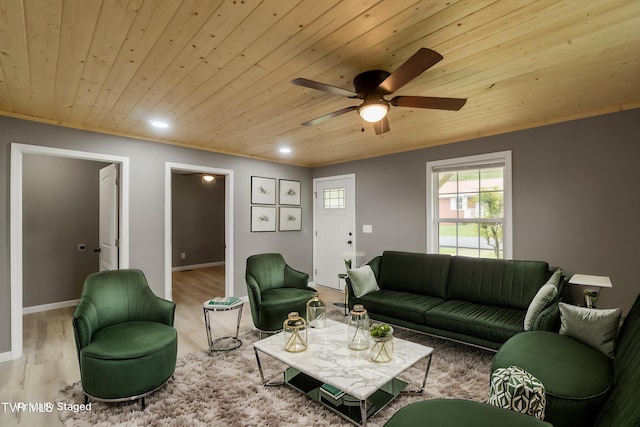 living room with wooden ceiling, a ceiling fan, recessed lighting, and wood finished floors