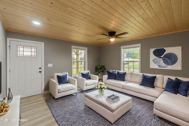 living area featuring a healthy amount of sunlight, wood ceiling, and light wood finished floors