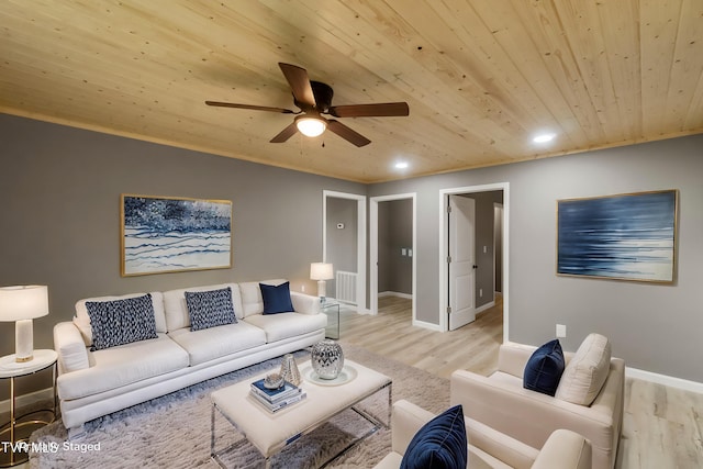 living room with wood ceiling, ceiling fan, recessed lighting, and light wood-style flooring