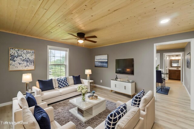 living area featuring ornamental molding, baseboards, ceiling fan, wooden ceiling, and light wood finished floors