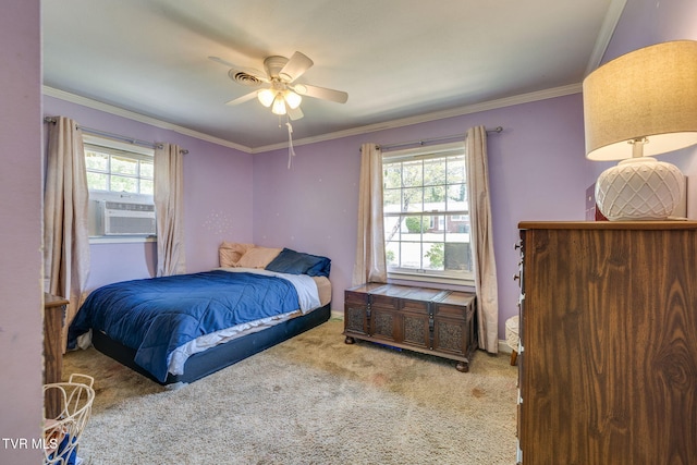 bedroom featuring ornamental molding, carpet, cooling unit, and multiple windows