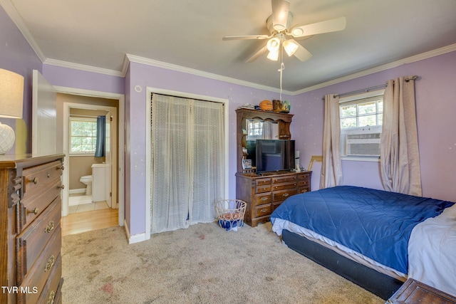 carpeted bedroom featuring crown molding, ceiling fan, cooling unit, and multiple windows