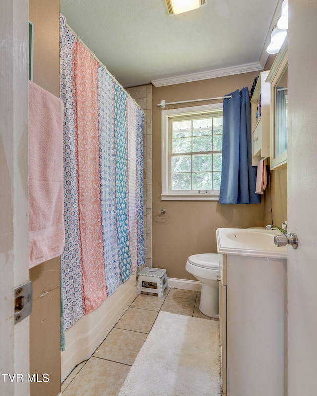 full bath with tile patterned flooring, vanity, toilet, shower / tub combo with curtain, and ornamental molding