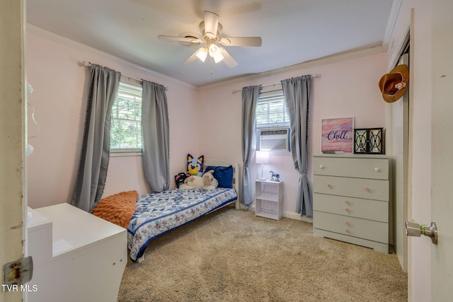 carpeted bedroom featuring crown molding, cooling unit, and a ceiling fan
