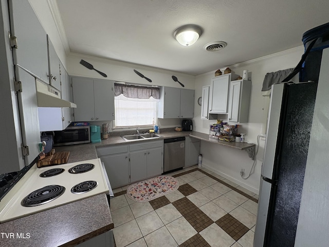 112 Mayor Ave, Greeneville, TN 37745 - kitchen with appliances with stainless steel finishes, a sink, under cabinet range hood, crown molding, and light tile patterned flooring