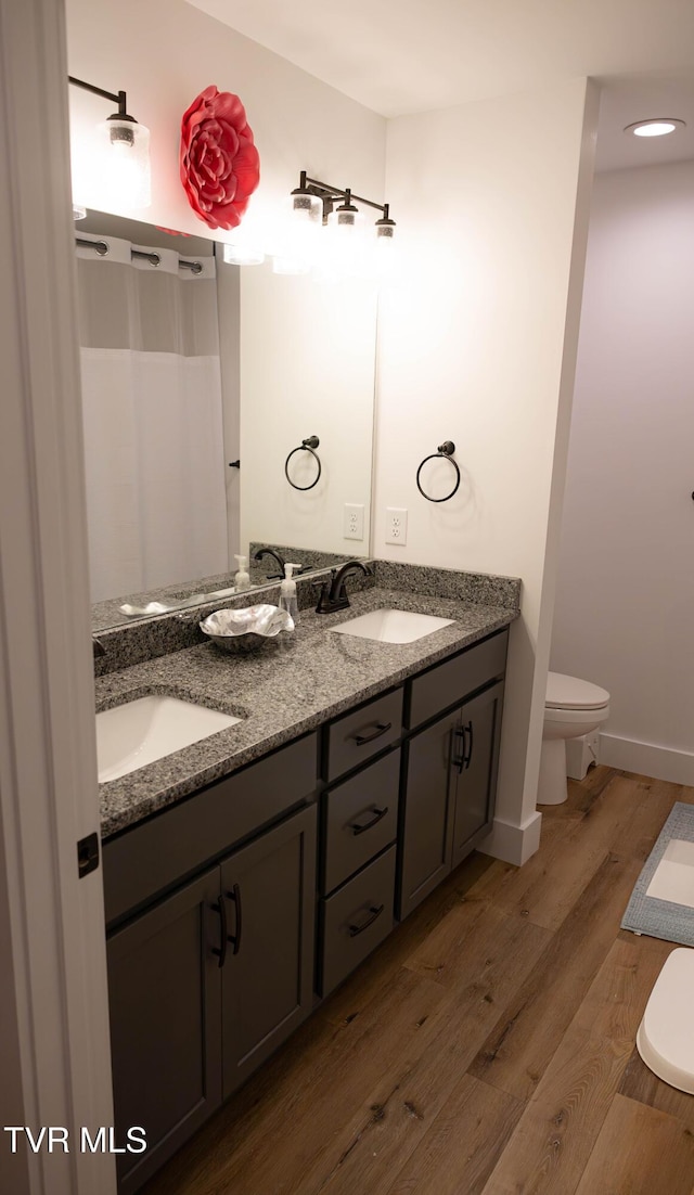 2834 Mccoy St, Kingsport, TN 37664 - bathroom with a sink, double vanity, toilet, and wood finished floors