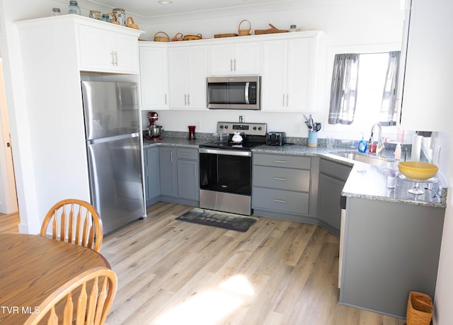 2834 Mccoy St, Kingsport, TN 37664 - kitchen with white cabinets, a sink, light wood-style flooring, gray cabinetry, and stainless steel appliances