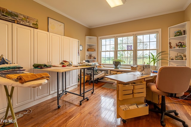 office space with ornamental molding and hardwood / wood-style floors
