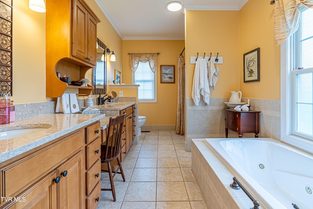 full bath with crown molding, a whirlpool tub, toilet, and vanity