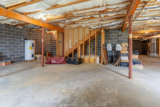 unfinished below grade area with concrete block wall and electric water heater