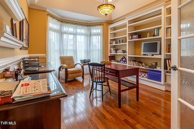 office area featuring crown molding and hardwood / wood-style floors