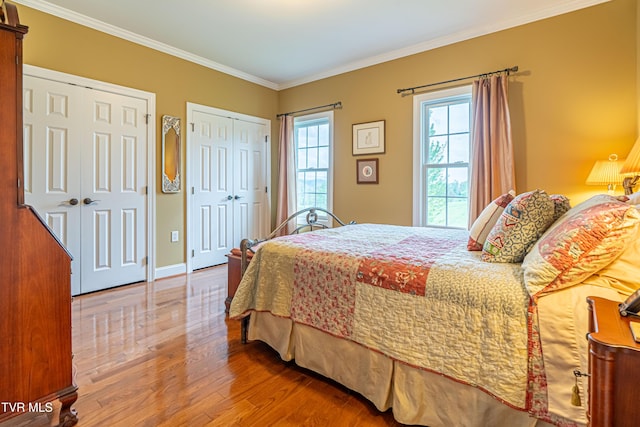 bedroom featuring crown molding, baseboards, two closets, and wood finished floors