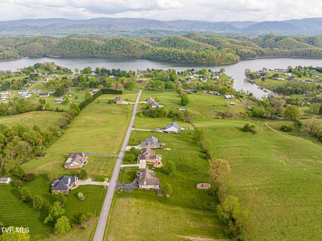 aerial view featuring a water and mountain view