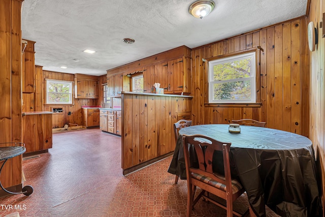 dining area with a textured ceiling and wood walls