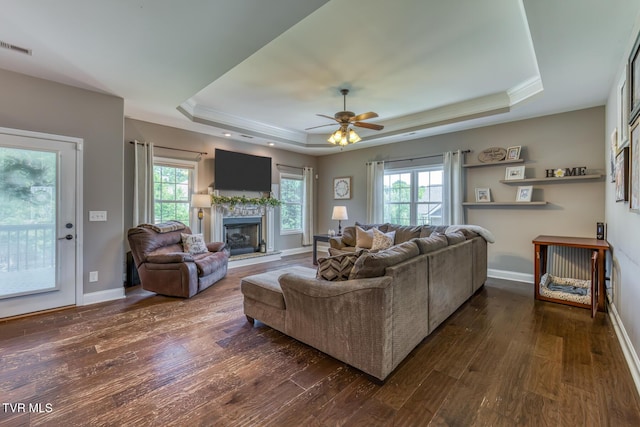 living area with a glass covered fireplace, a raised ceiling, plenty of natural light, and dark wood finished floors