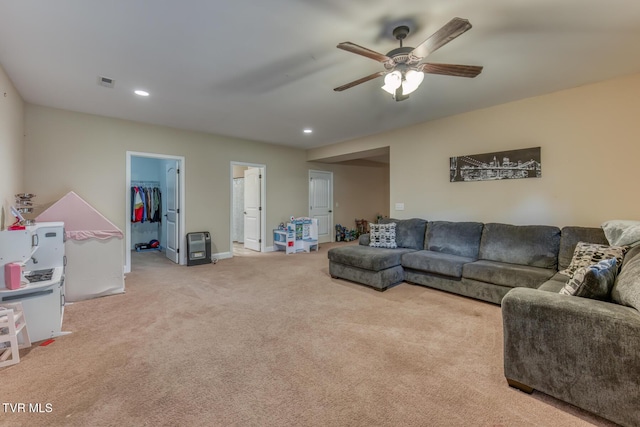 living room with recessed lighting, a ceiling fan, carpet flooring, and visible vents