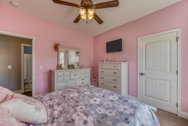 bedroom featuring baseboards, carpet flooring, and ceiling fan