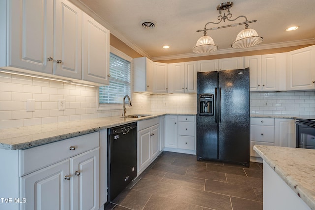 241 Stone Edge Cir, Kingsport, TN 37660 - kitchen featuring visible vents, a sink, white cabinets, black appliances, and ornamental molding