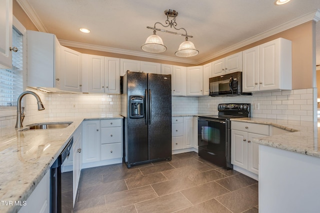 241 Stone Edge Cir, Kingsport, TN 37660 - kitchen with crown molding, light stone counters, a sink, and black appliances