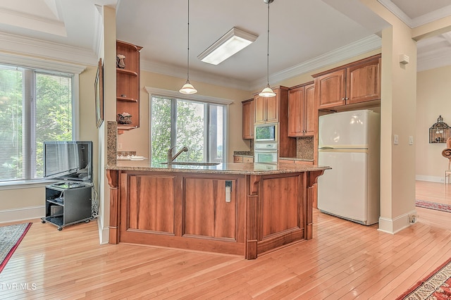 2304 Granite Dr, Johnson City, TN 37604 - kitchen with brown cabinetry, open shelves, white appliances, a breakfast bar area, and light stone counters