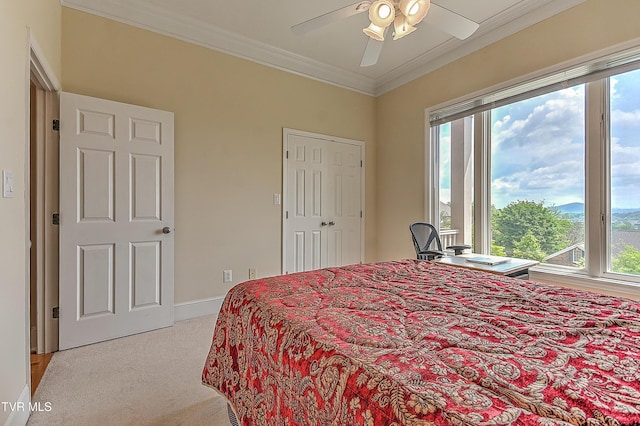 2304 Granite Dr, Johnson City, TN 37604 - bedroom with crown molding, ceiling fan, light carpet, and multiple windows