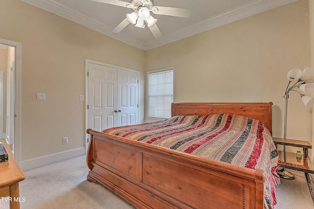 2304 Granite Dr, Johnson City, TN 37604 - bedroom with crown molding, a closet, baseboards, light colored carpet, and a ceiling fan