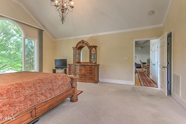 2304 Granite Dr, Johnson City, TN 37604 - bedroom with crown molding, light colored carpet, baseboards, lofted ceiling, and visible vents