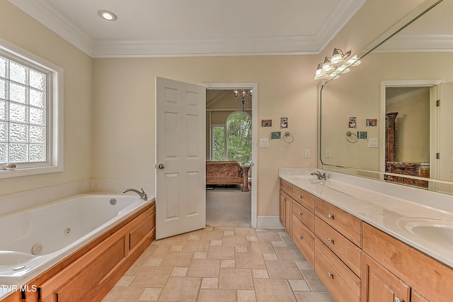 2304 Granite Dr, Johnson City, TN 37604 - bathroom featuring double vanity, ornamental molding, a jetted tub, stone finish floor, and a sink