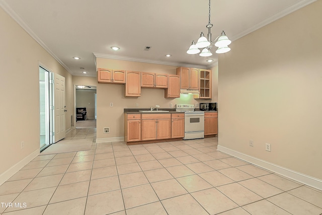 2304 Granite Dr, Johnson City, TN 37604 - kitchen with crown molding, a chandelier, a sink, and electric stove