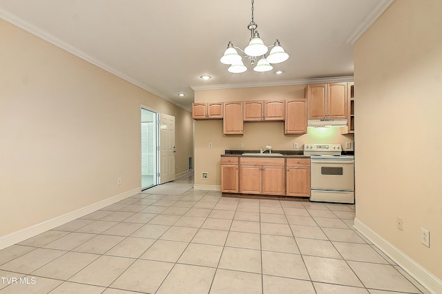 2304 Granite Dr, Johnson City, TN 37604 - kitchen with an inviting chandelier, a sink, white range with electric cooktop, under cabinet range hood, and ornamental molding