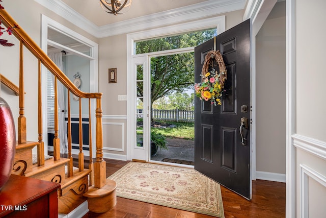 436 Headtown Rd, Jonesborough, TN 37659 - foyer featuring crown molding, stairs, wood finished floors, and a notable chandelier
