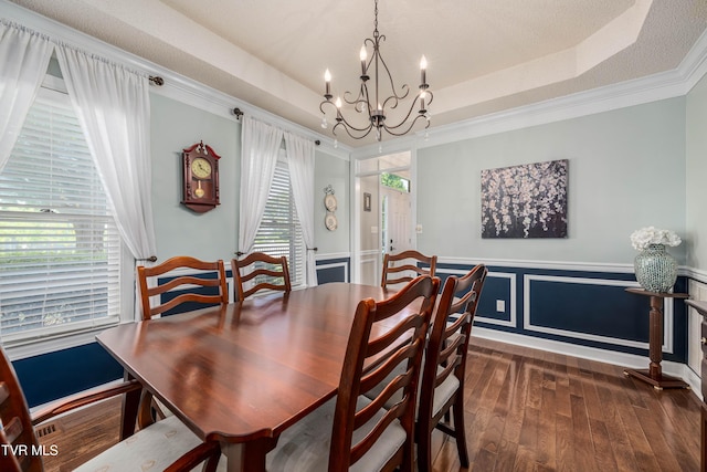 436 Headtown Rd, Jonesborough, TN 37659 - dining room with crown molding, a notable chandelier, wainscoting, a tray ceiling, and hardwood / wood-style flooring