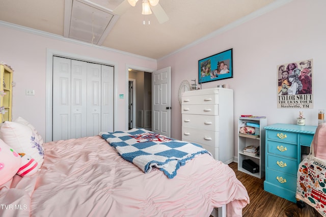 436 Headtown Rd, Jonesborough, TN 37659 - bedroom with a closet, ornamental molding, dark wood finished floors, and attic access