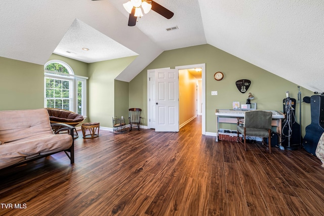 436 Headtown Rd, Jonesborough, TN 37659 - interior space featuring visible vents, lofted ceiling, wood finished floors, a textured ceiling, and a ceiling fan