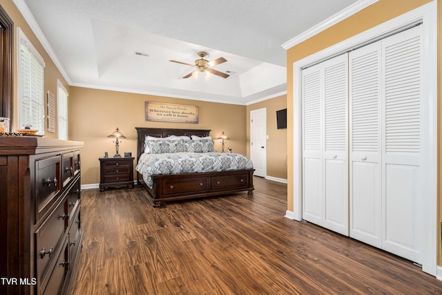 436 Headtown Rd, Jonesborough, TN 37659 - bedroom featuring visible vents, ornamental molding, baseboards, a raised ceiling, and dark wood finished floors