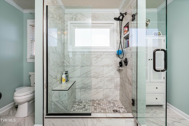 436 Headtown Rd, Jonesborough, TN 37659 - full bathroom with crown molding, marble finish floor, a stall shower, and toilet