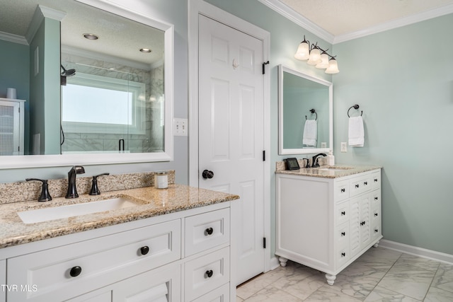 436 Headtown Rd, Jonesborough, TN 37659 - bathroom featuring vanity, ornamental molding, marble finish floor, baseboards, and a shower stall