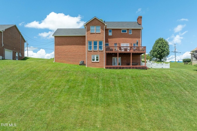 436 Headtown Rd, Jonesborough, TN 37659 - back of property featuring a deck, a chimney, a lawn, and brick siding