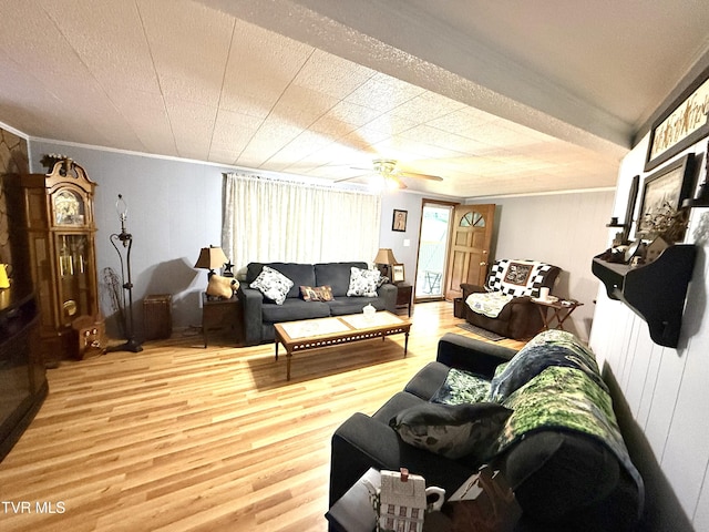 125 Babb Rd, Elizabethton, TN 37643 - living room featuring ornamental molding, a ceiling fan, and wood finished floors