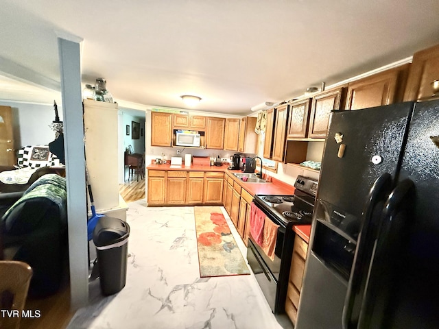 125 Babb Rd, Elizabethton, TN 37643 - kitchen featuring a sink, electric stove, white microwave, marble finish floor, and black fridge