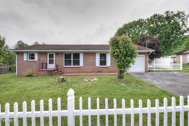 ranch-style house with driveway, a garage, brick siding, and a shingled roof