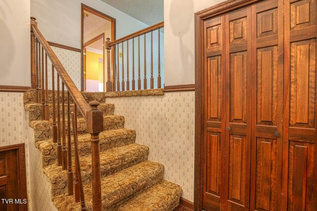 2653 Suffolk St, Kingsport, TN 37660 - staircase with wallpapered walls and a wainscoted wall