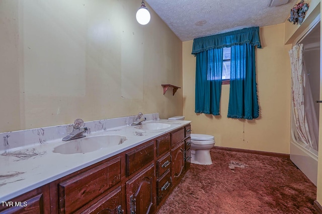 2653 Suffolk St, Kingsport, TN 37660 - bathroom featuring toilet, double vanity, a textured ceiling, a shower with curtain, and a bathtub