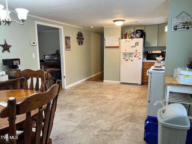 1220 2nd Ave, Big Stone Gap, VA 24219 - kitchen with crown molding, white appliances, light countertops, a chandelier, and light floors