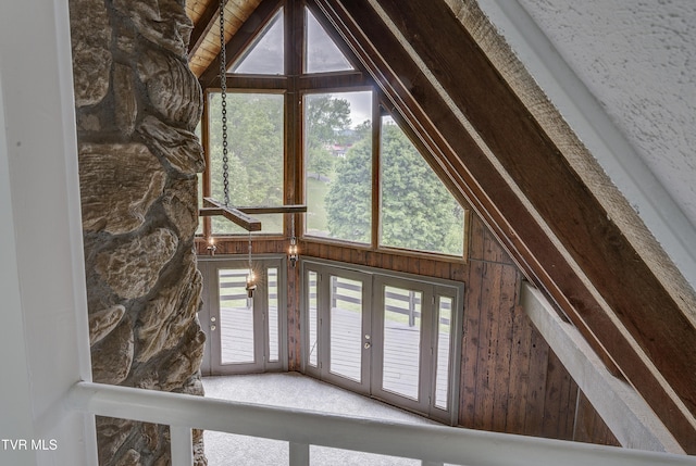 detailed view of wood walls and beamed ceiling